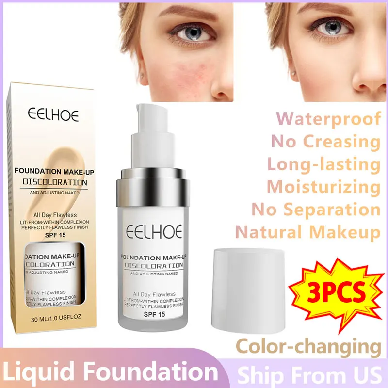 3pcs Color Changing Foundation Liquid Brighten Skin Tone Concealer High Full Coverage Face Moisturizing Waterproof Base Makeup