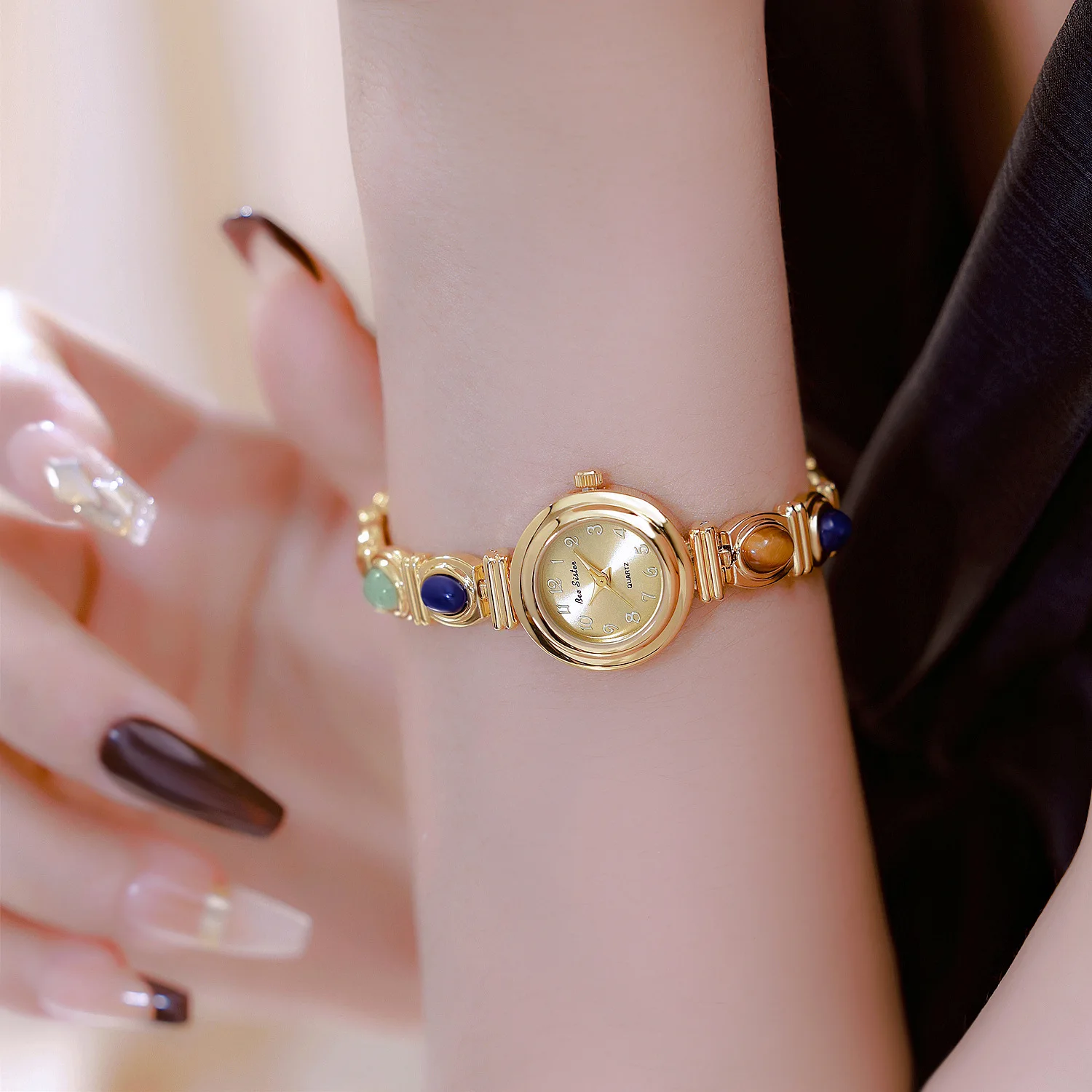 Luxury Colored Gemstone Lucky Bracelet, Gold Women's Watch, Waterproof Steel Strap, Quartz Watch, Reloj Mujer