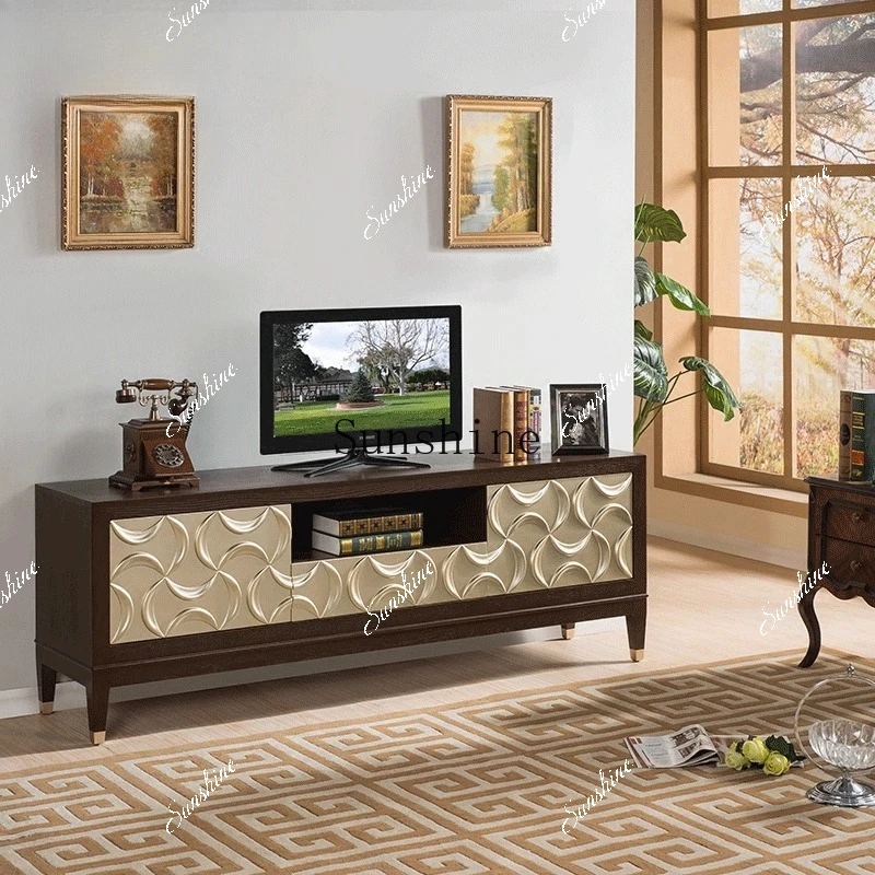 Nordic solid wood TV cabinet, small apartment living room, neoclassical carved audio-visual cabinet  FT