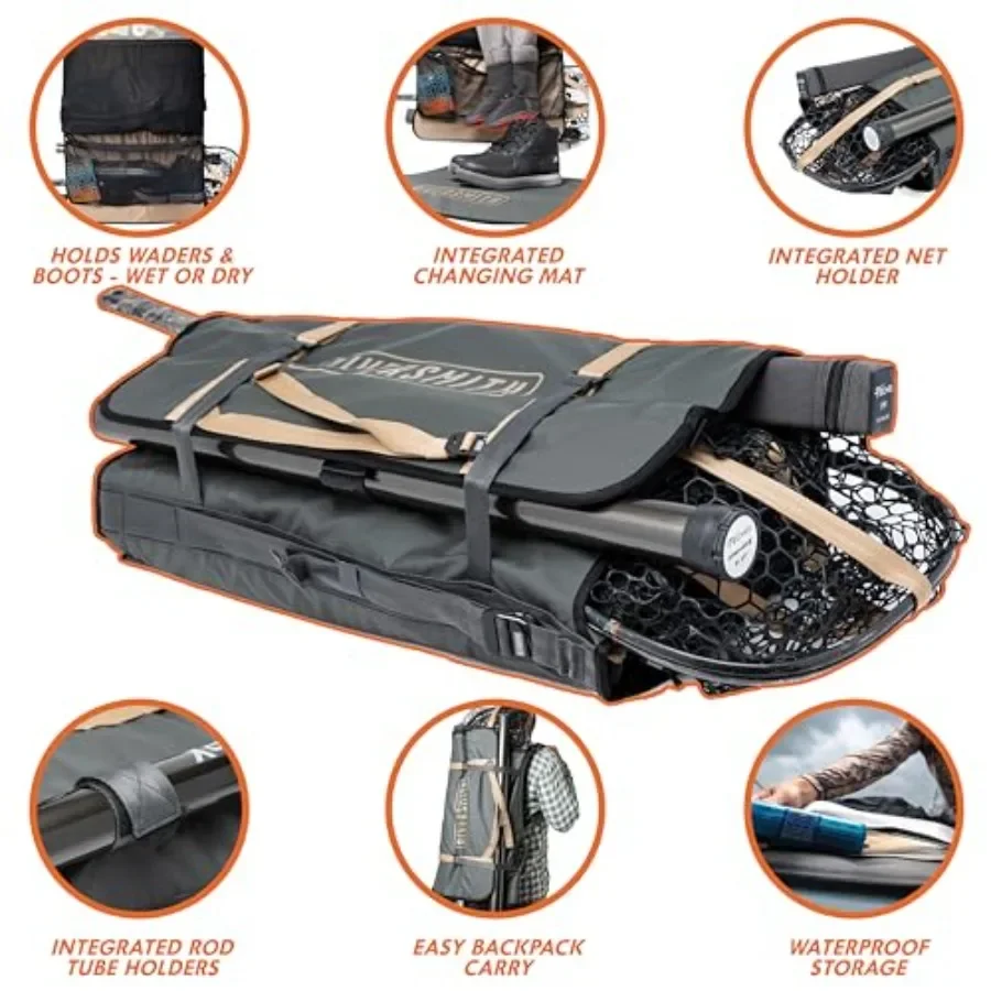 Fly Fishing Wader Boot Bag Waterproof Nylon Gear-Roll with Changing Mat, Black Color, Rod Net Storage, Waterproof Pocket