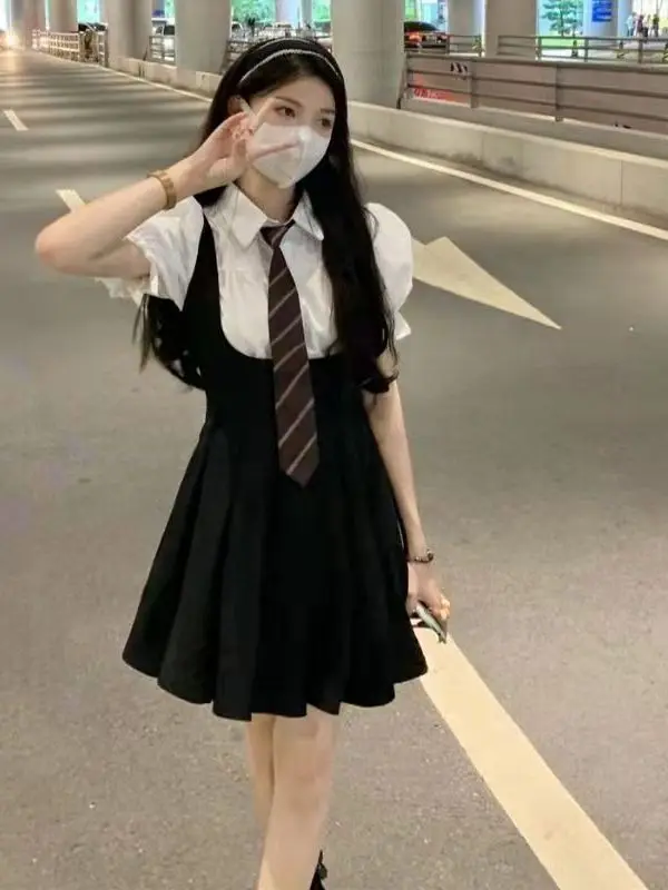 Hot Girl Bubble Sleeve Blouse Strap Skirt Set Black  Dress Student Summer Uniform Polyester Fiber Short Sleeve Shirt