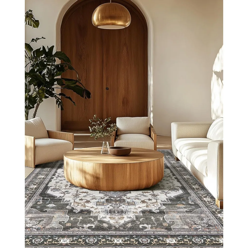 

Area Rugs for Living Room Machine Washable Rug, Boho Vintage Retro Large Floral Medallion Carpet for Bedroom ，Dark Grey