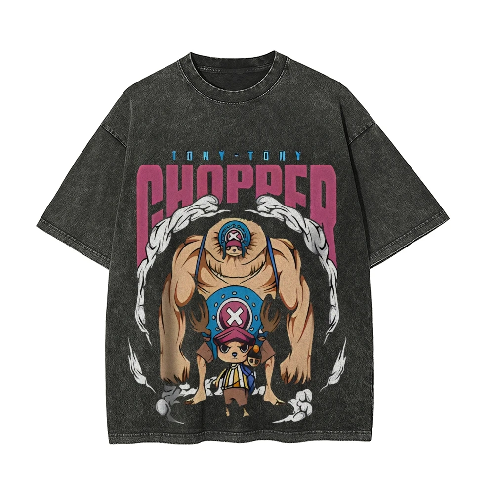 

Унисекс цельная футболка с аниме-чоппером, мужская винтажная стираная футболка с короткими рукавами и графическим рисунком, свободная посадка, летняя уличная одежда, повседневные топы Y2k