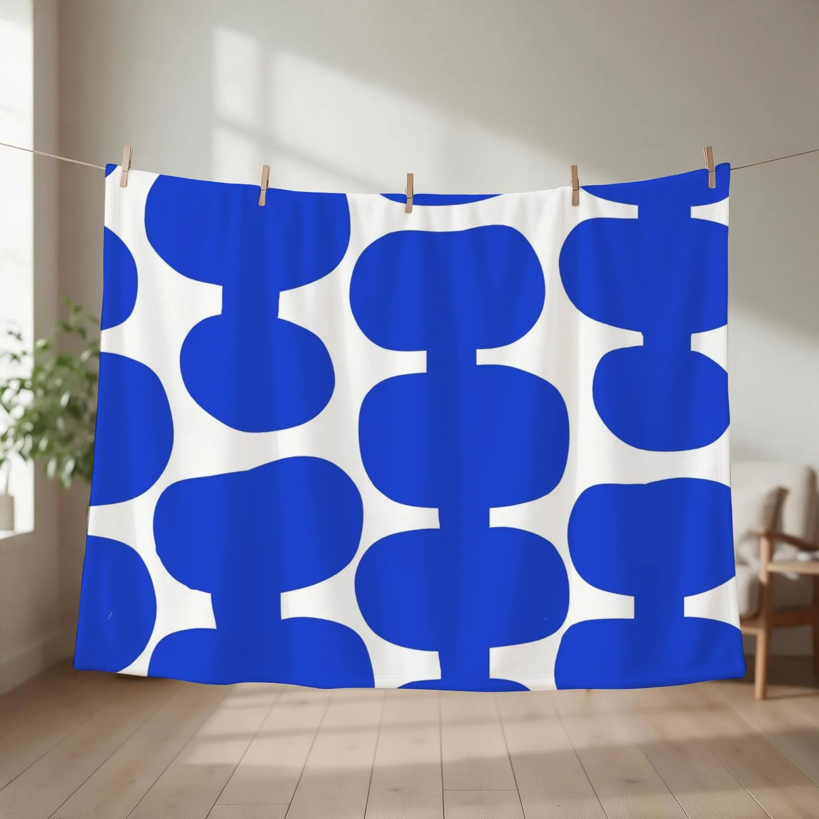 Iconic Mid Century Modern Pattern in White and Blue Throw Blanket couch cozy soft plush fuzzy picnic outdoor blanket