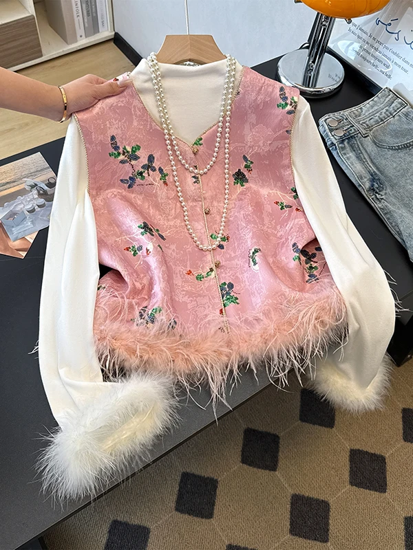 

Новый китайский стильный комплект из двух предметов: красивый жилет с пайетками и вышивкой, пушистый, с высоким воротником, и базовая блузка. Осенняя коллекция.