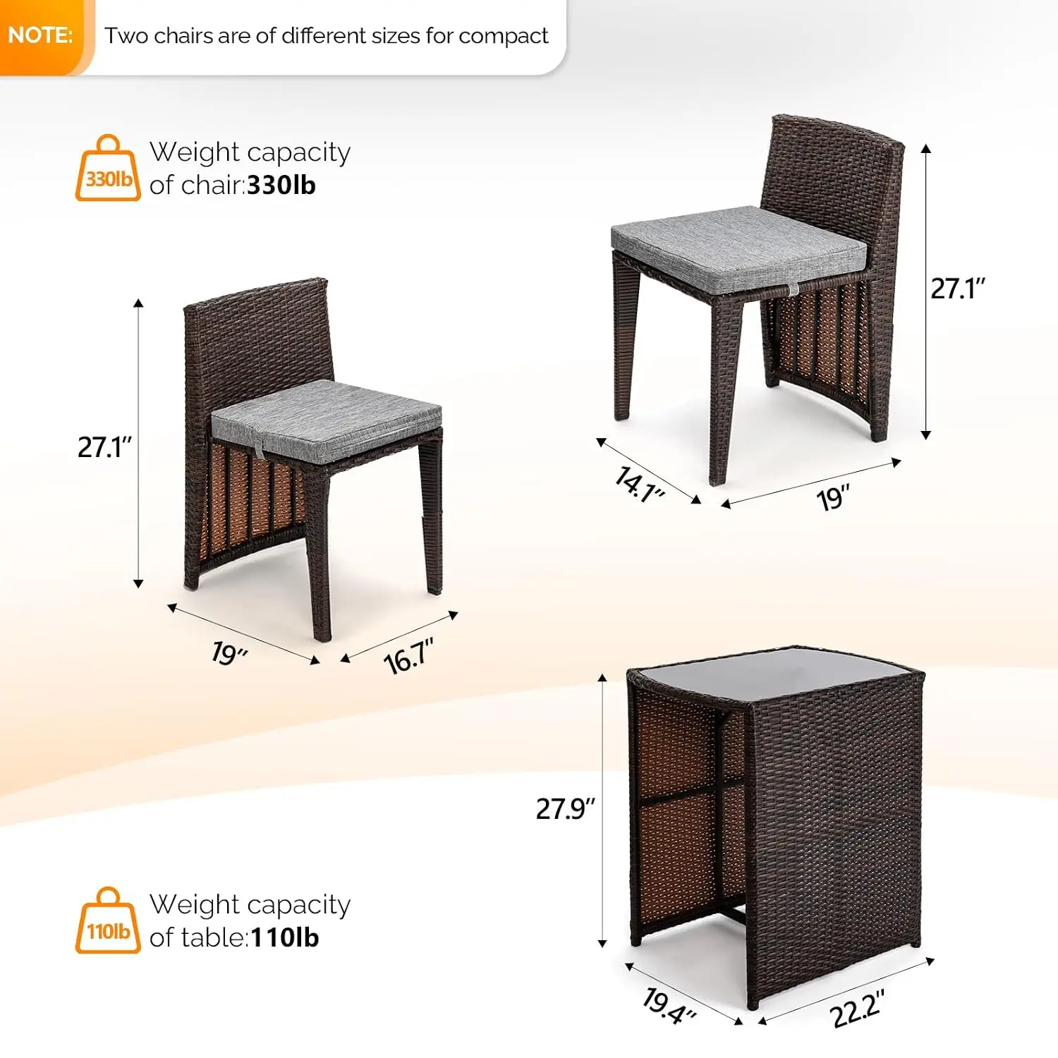 Wicker Patio Bistro Set 3 PCS Small Space Glass Top Table & Chairs for Garden Yard Porch, Customized