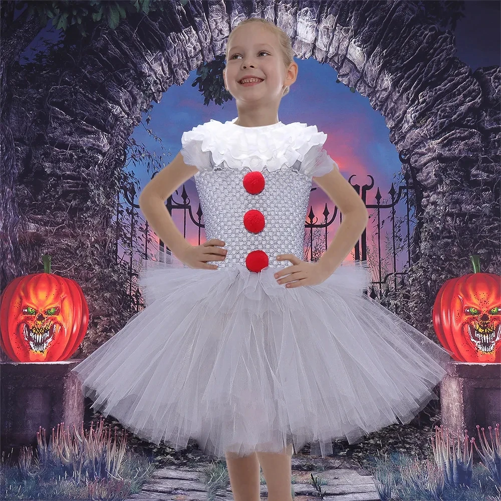 Halloween Girls Pennywise Tutu Dress Kids Scary Gray Clown Cosplay Costume Girl Performance Dress Up Masquerade Party Clothing