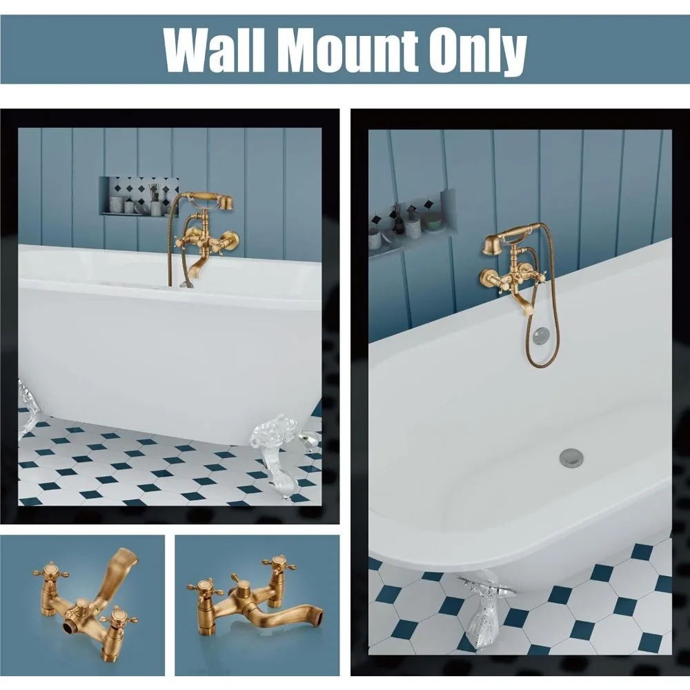 صنبور حوض استحمام مثبت على الحائط من النحاس العتيق مع بخاخ محمول، مقبض متقاطع مزدوج، صنبور دوار، خلاط دش لترادي