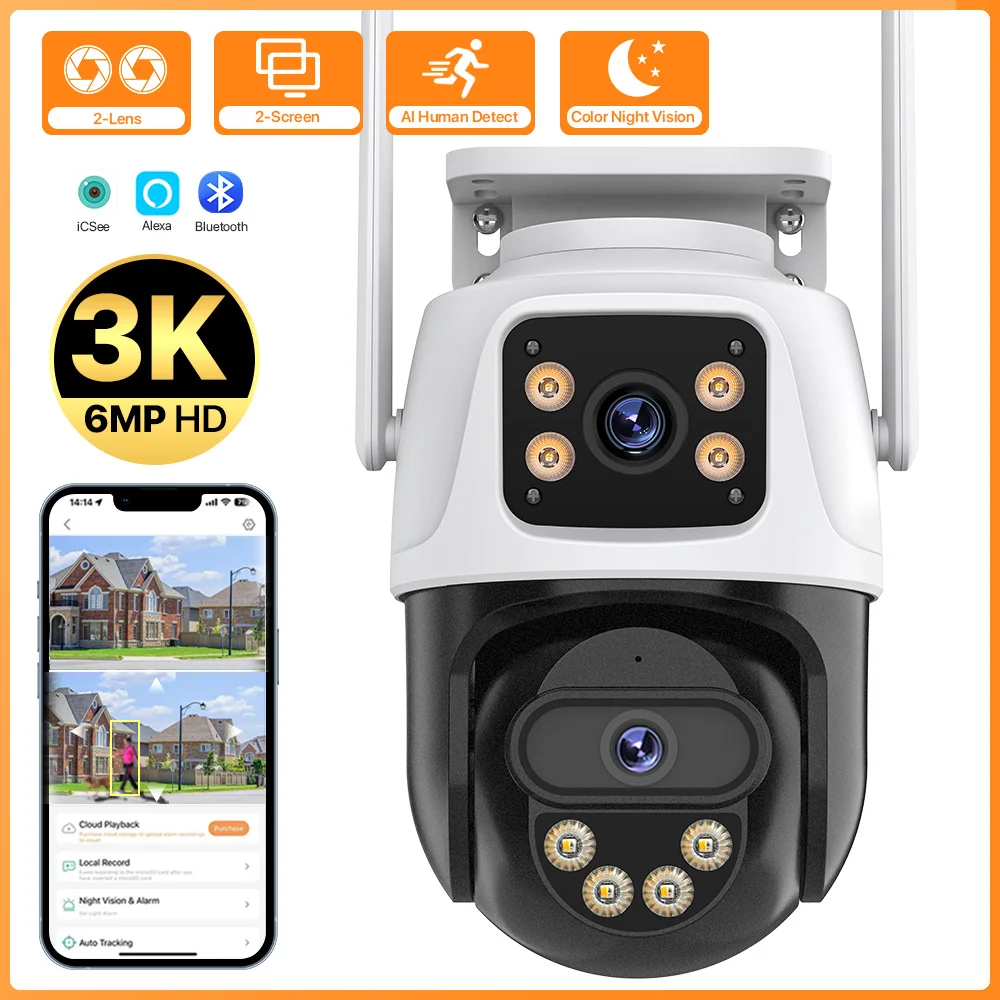 Cámara externa 4K 8MP HD WiFi cámara de seguimiento automático de doble lente cámara PTZ de seguridad inalámbrica para exteriores sistema de cámaras de seguridad iCsee