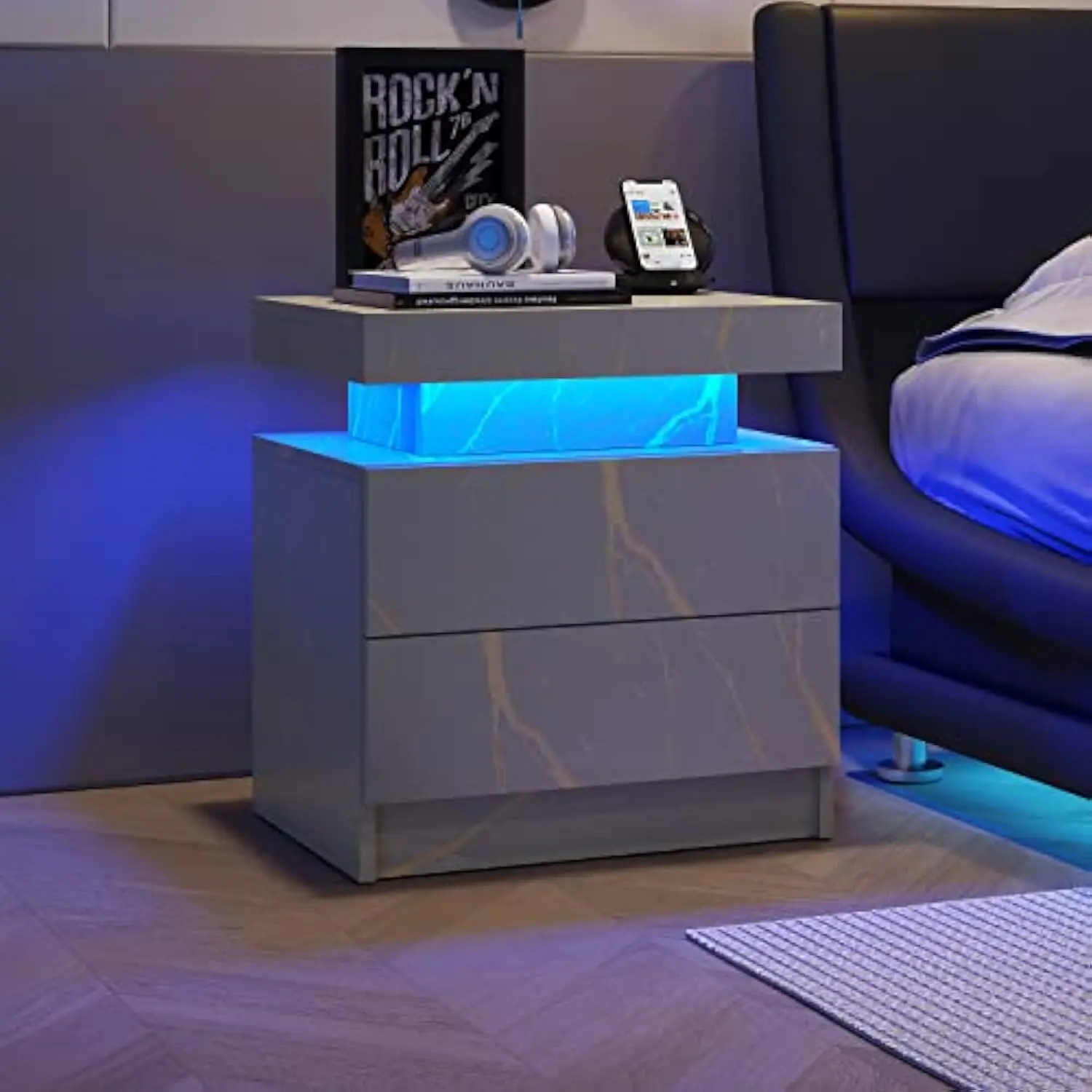 

Led Nightstands, Bedside Table with 2 Drawers, Side Table with Changing Rgb Light & Remote, Modern Bedroom Furniture, Grey Marb