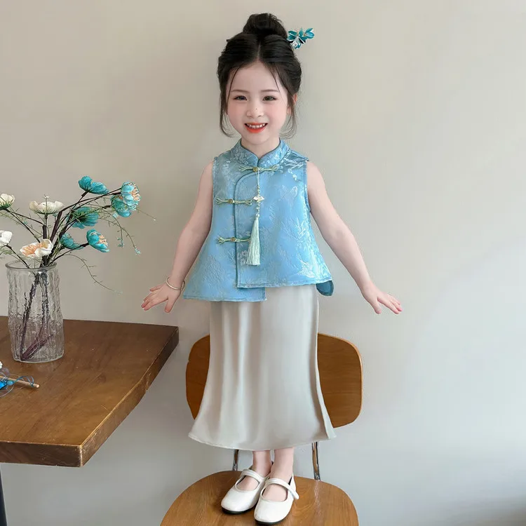 Girls' New Chinese Style Buckle Vest Set 2026 New Baby Chinese Style Sleeveless Top and Skirt Two-piece Set