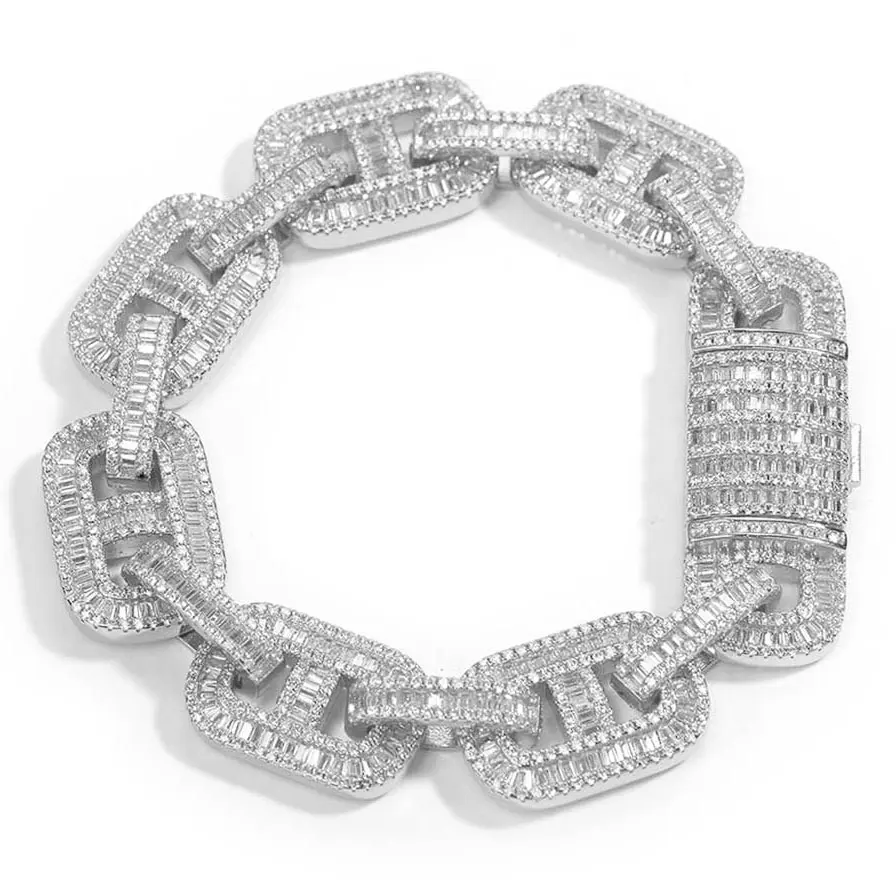 

15mm Iced Out Princess Cut Baguette Cubic Zircon Pig Nose Cuban Link Bracelet Hip Hop Jewelry With Giftbox for Men Women