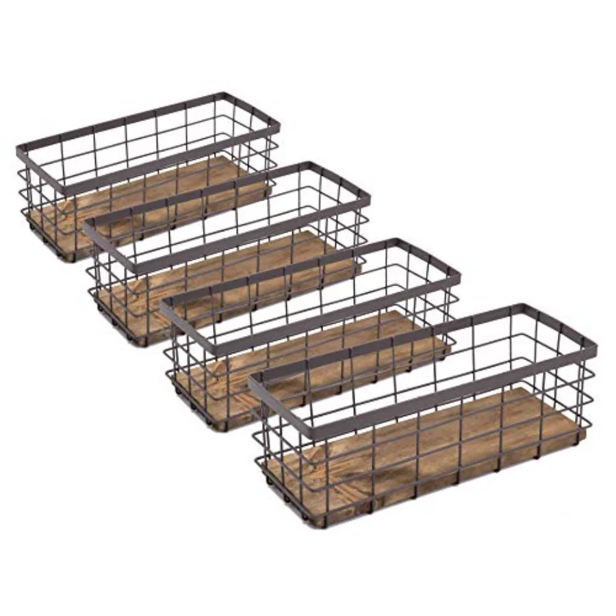 

Small Metal Wire Storage Basket, Detachable Wood Base Storage Organizer Bin Basket for Kitchen Cabinets, Bathroom, Pantry, Gara
