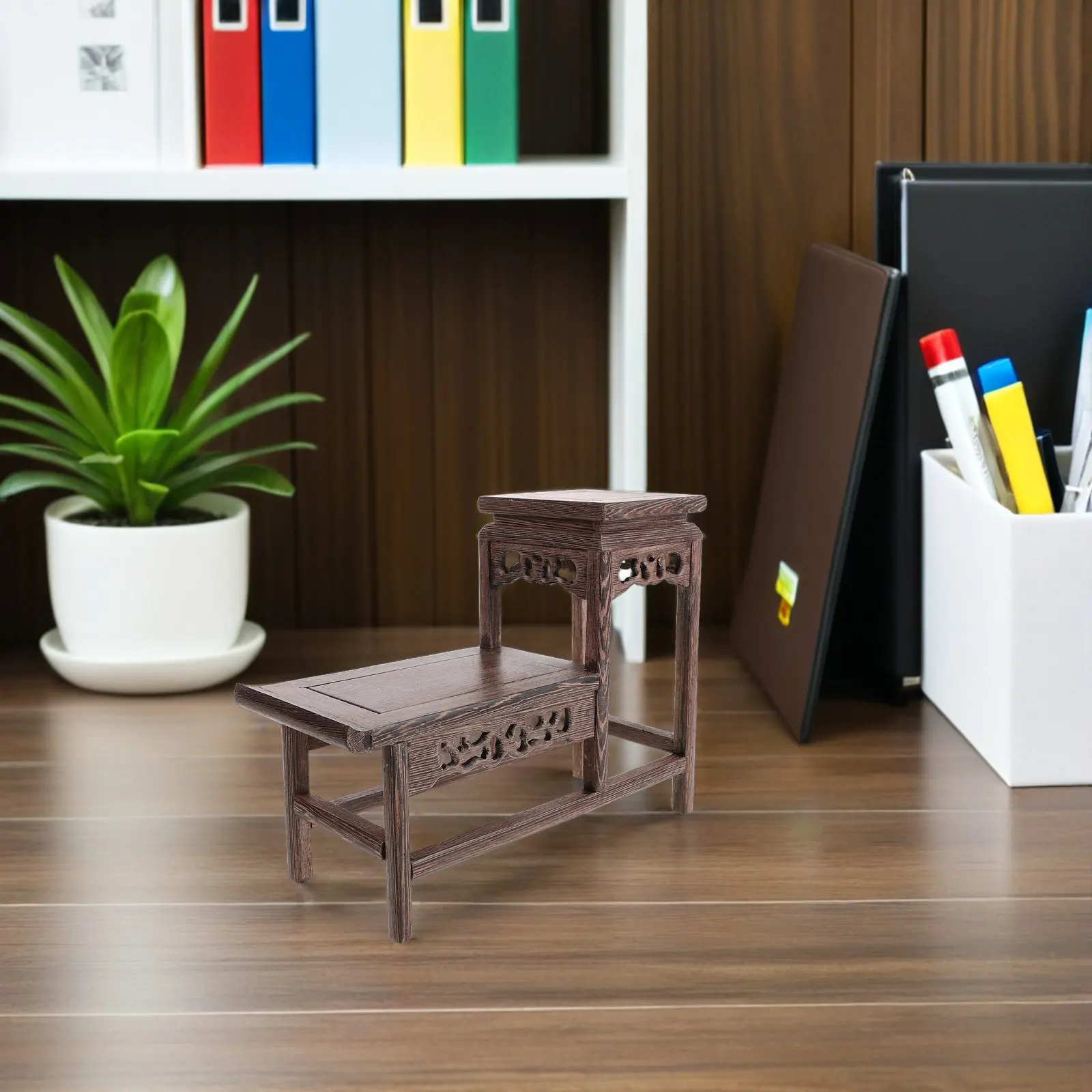 Wooden Bonsai Pedestal Chicken Wing Wood 2 Tier Display Stand Heavy Duty Plant Shelf for Indoor Flower Pot Statue Home