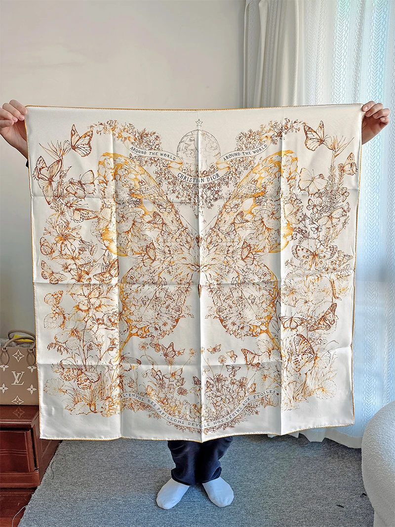 Gold Butter Fly Around The World 90x90 Brand Mulberry Printed Silk Scarf  Handkerchief silk Hair Scarf Women Luxury Brand Hijab