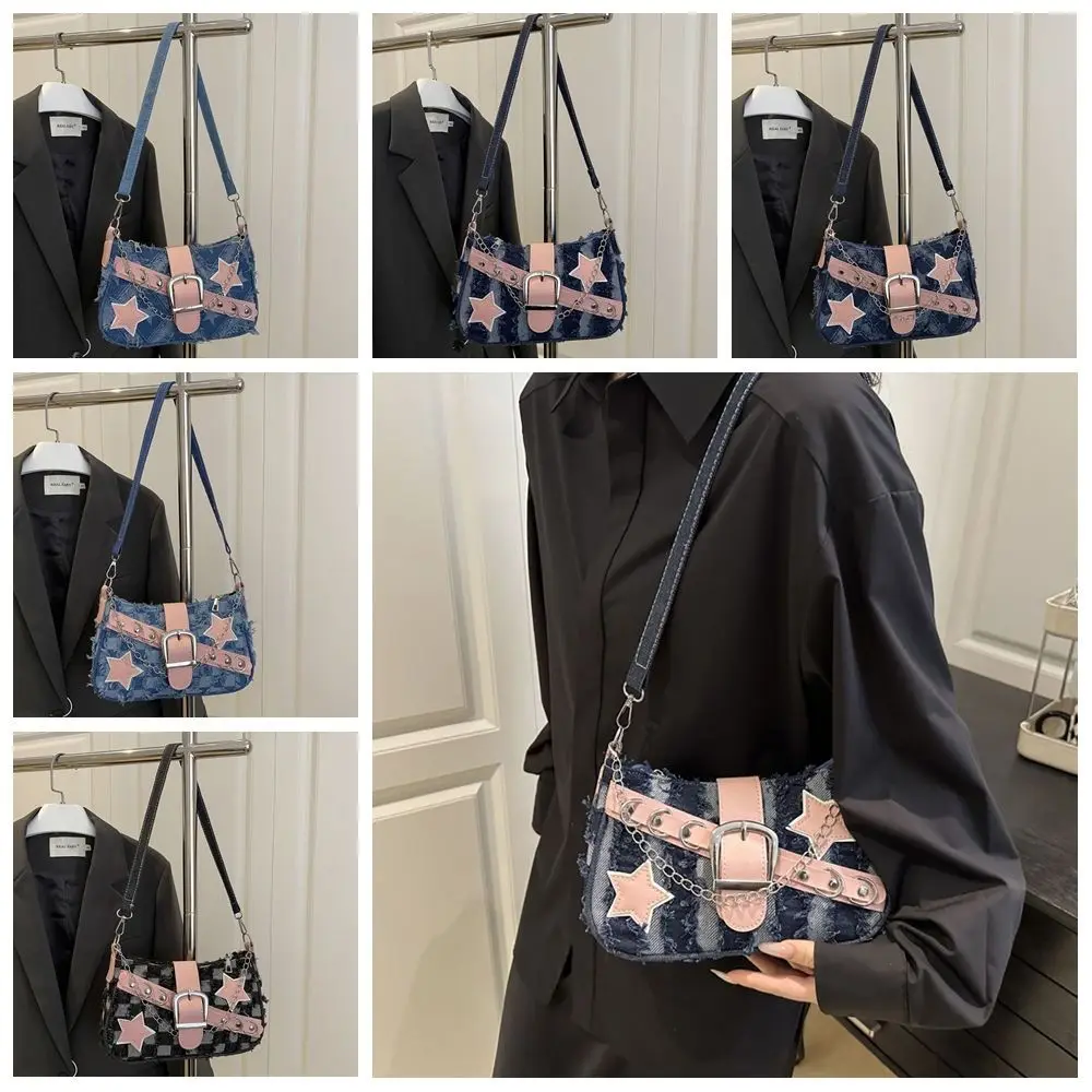 

Korean Style Tattered Jeans Underarm Bag Retro Belt Chain Strap Stars Pattern Shoulder Bag Half Moon Bag Hobos Handbag
