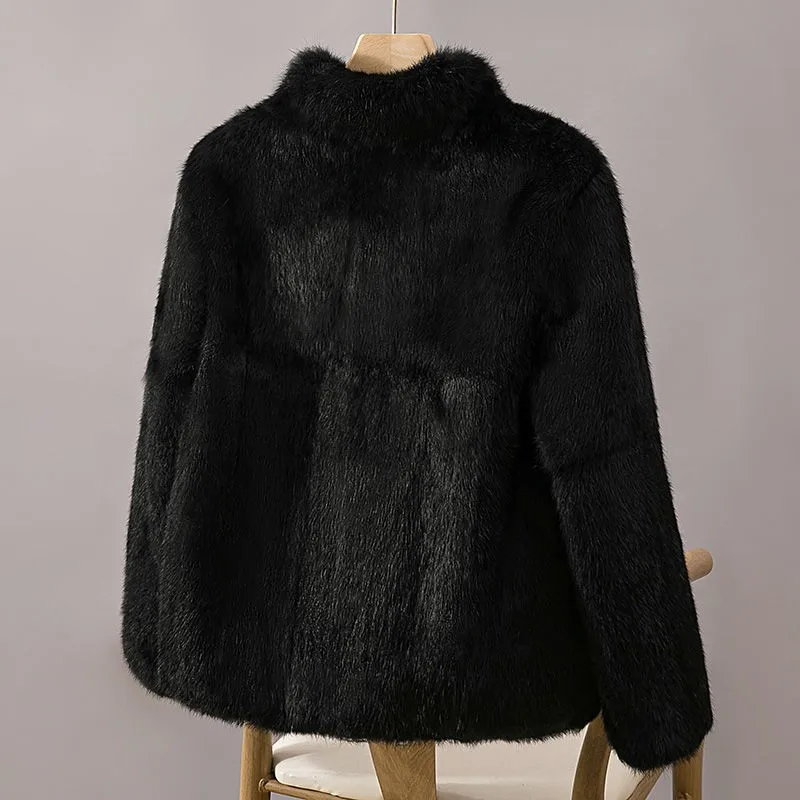 New Short Coat Made of Rabbit Fur + Stand-up Collar Slim-fit Design with Integrated Fur Texture.