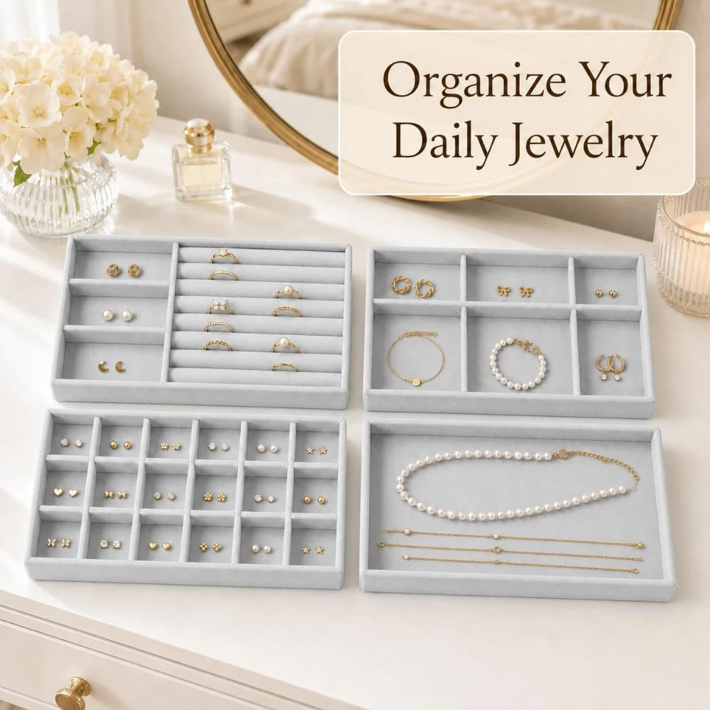 4 Pack Stackable Jewelry Organizer Tray Set - Velvet Display Case for Rings Earrings Necklaces Drawer Organization Can Stacked