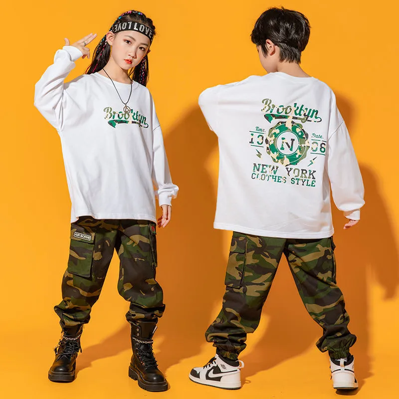 

Children Spring Autumn Sports Suit Long Sleeve Top Letter Print Sweatshirt Camo Pants Girls Tracksuits Teen Boys Street Wear