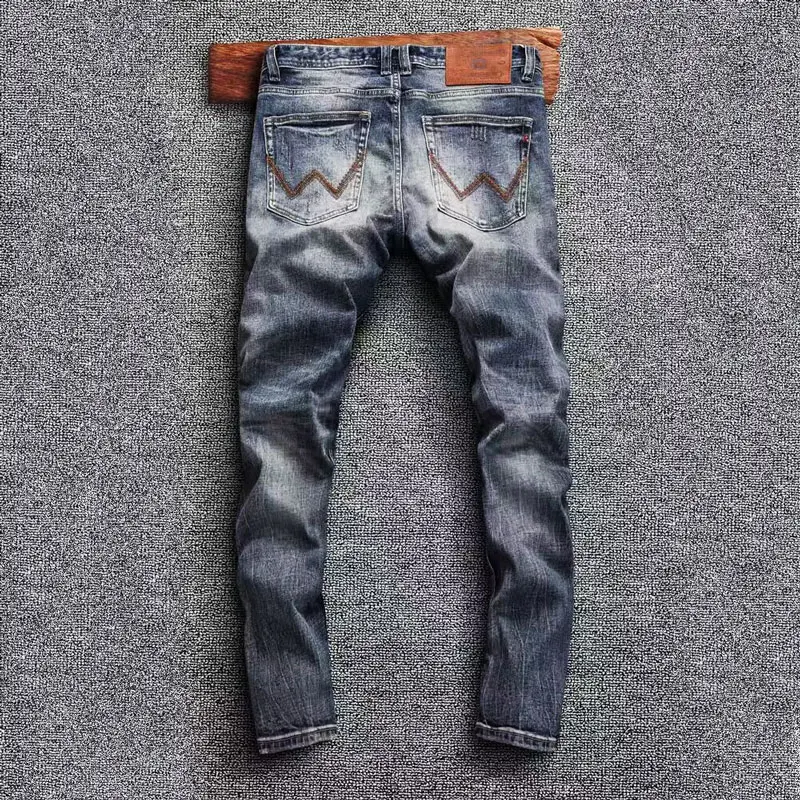 Fashion Vintage Men Jeans Retro Washed Blue High Quality Slim Jeans Men Casual Trousers Embroidery Designer Denim Pants Hombre