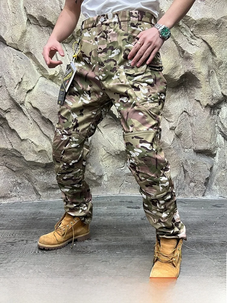 

Thiened Camouflage Fce Lined Work Trousers for Men Multi ket Tactical Soft ell Pants Outdoor Sle Straight Leg Pants