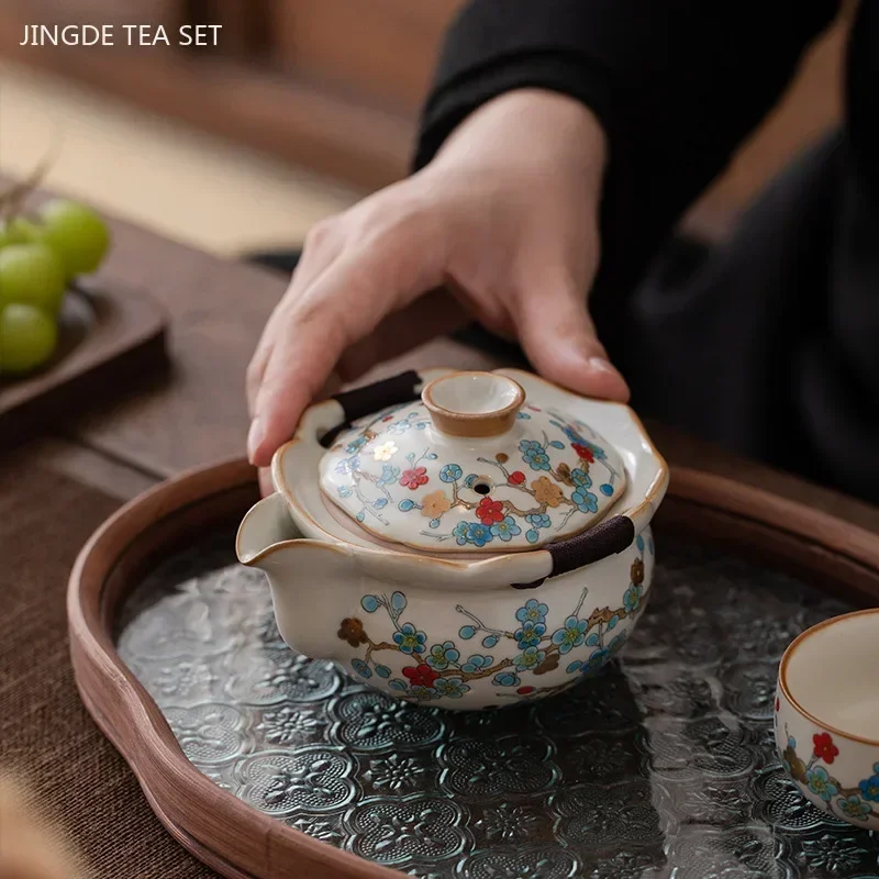 Ru Kiln Plum Blossom Pattern Hand Grab Pot Enamel Color Ceramic Teapot Ball Hole Filter Tea Infuser Chinese Tea Accessories