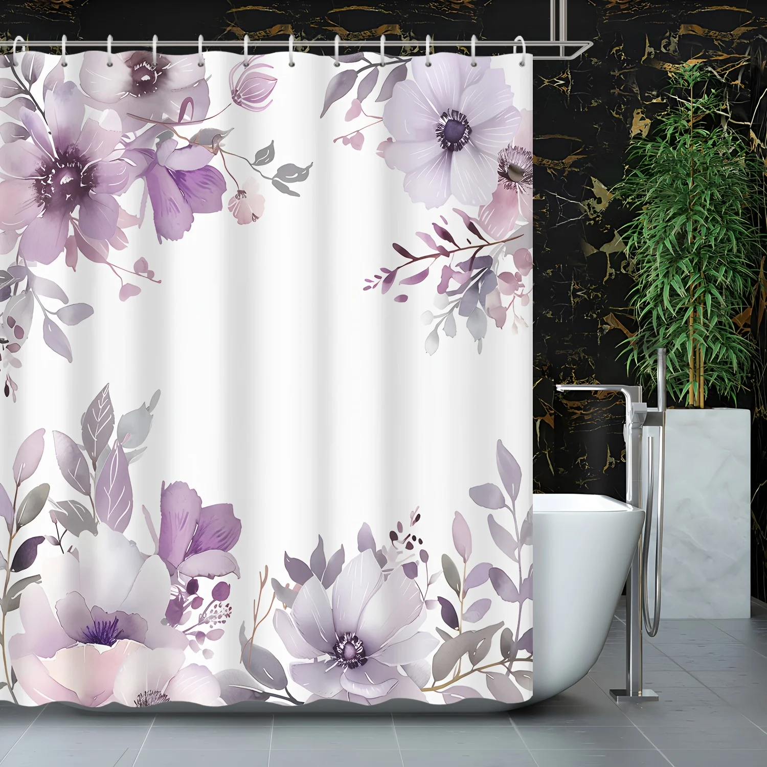 

Цельная занавеска для душа с американским ретро-фиолетовым градиентом и цветочным растением, украшение для ванной комнаты, включая занавеску для душа с крючками