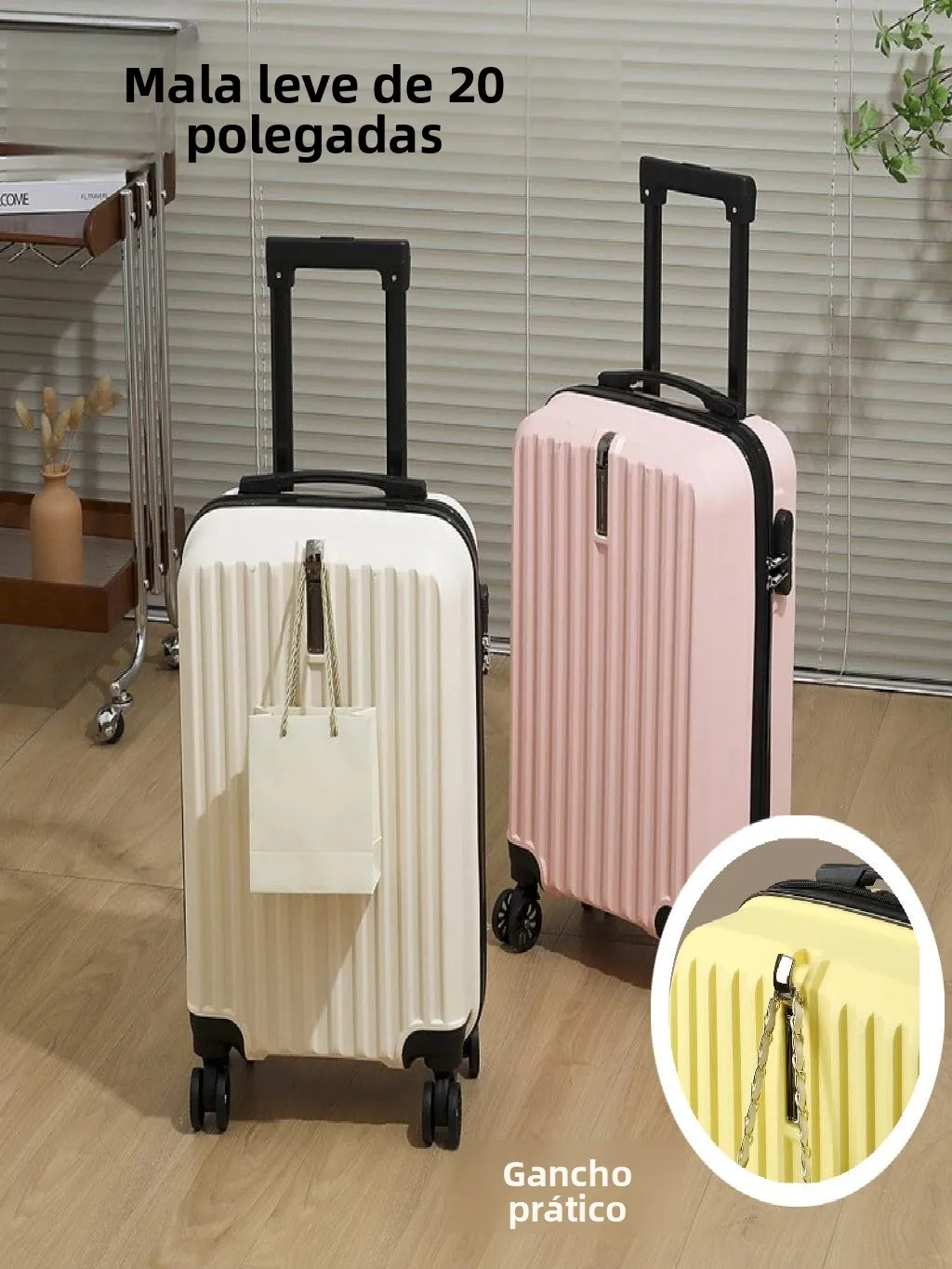 おしゃれな20インチ旅行用スーツケース、フック付きpp素材プルロッド、カジュアルな旅行用荷物、トレンディな大人学生向けキャリーオンバッグ