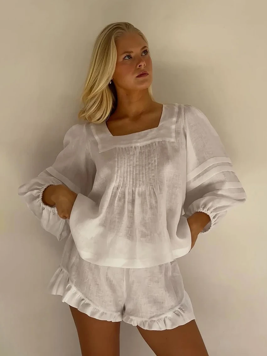 

Marthaqiqi Home Clothes Cotton Female Long Sleeve Pajamas Sexy Square Collar Sleepwear Shorts Causal Women Nightgown 2 Piece Set