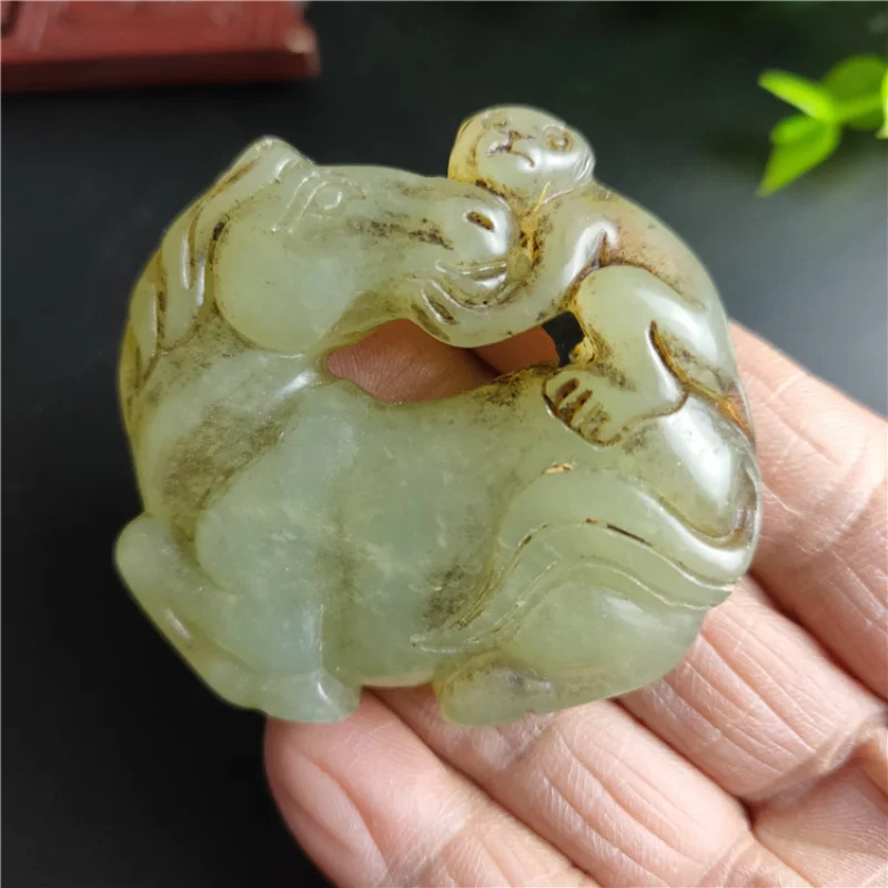 Antique Jade Natural Aged Crafts Xiu Jade Monkey on Horse Pendant Hanging Ornament Handheld Piece Wholesale