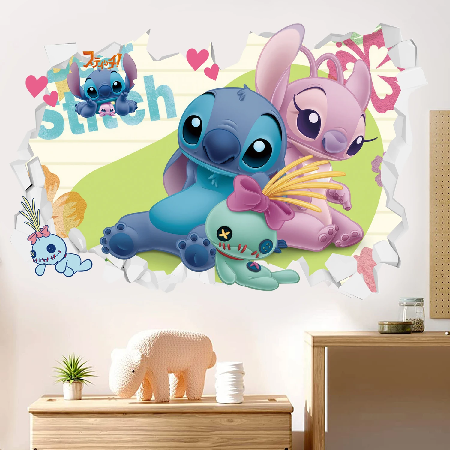 MINISO 3D Broken Wall Lilo & Stitch Wall Stickers For Kids Room Kindergarten Living Room Bedroom Wall Decoration Animated Poster