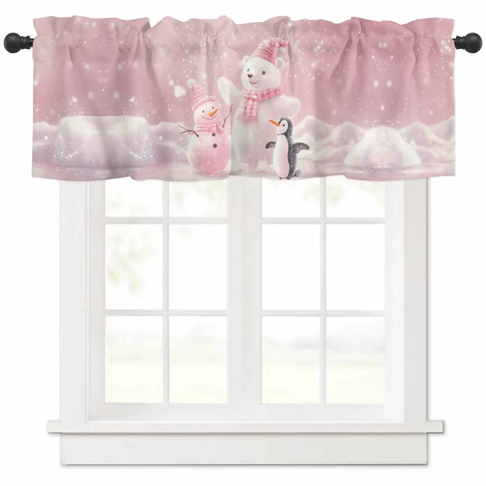 Christmas White Bear Penguin Snowman Pink Short Curtains Kitchen Cafe Wine Cabinet Door Window Small Curtains Home Decoration