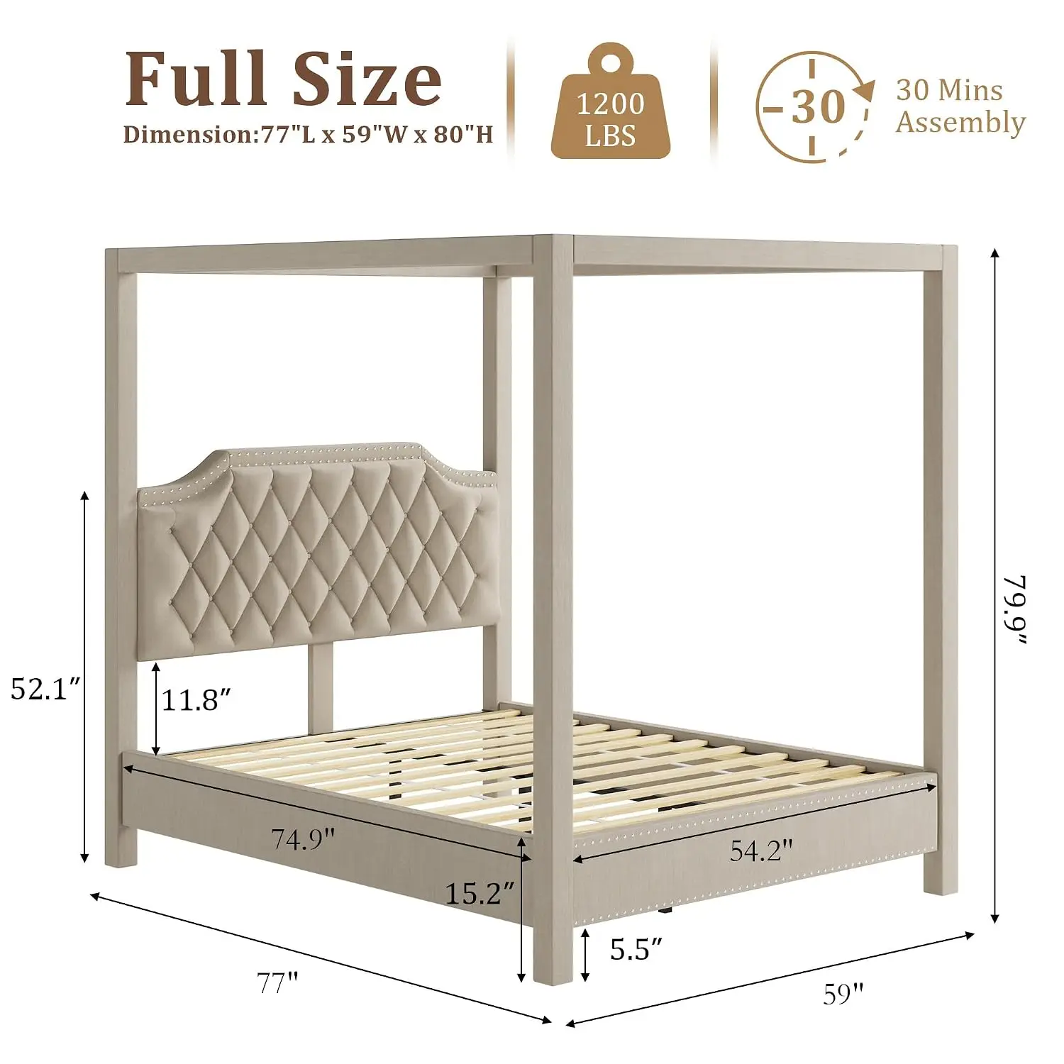 Upholstered Canopy Bed Full Size Button Tufted Headboard Bedroom Furniture, Customized