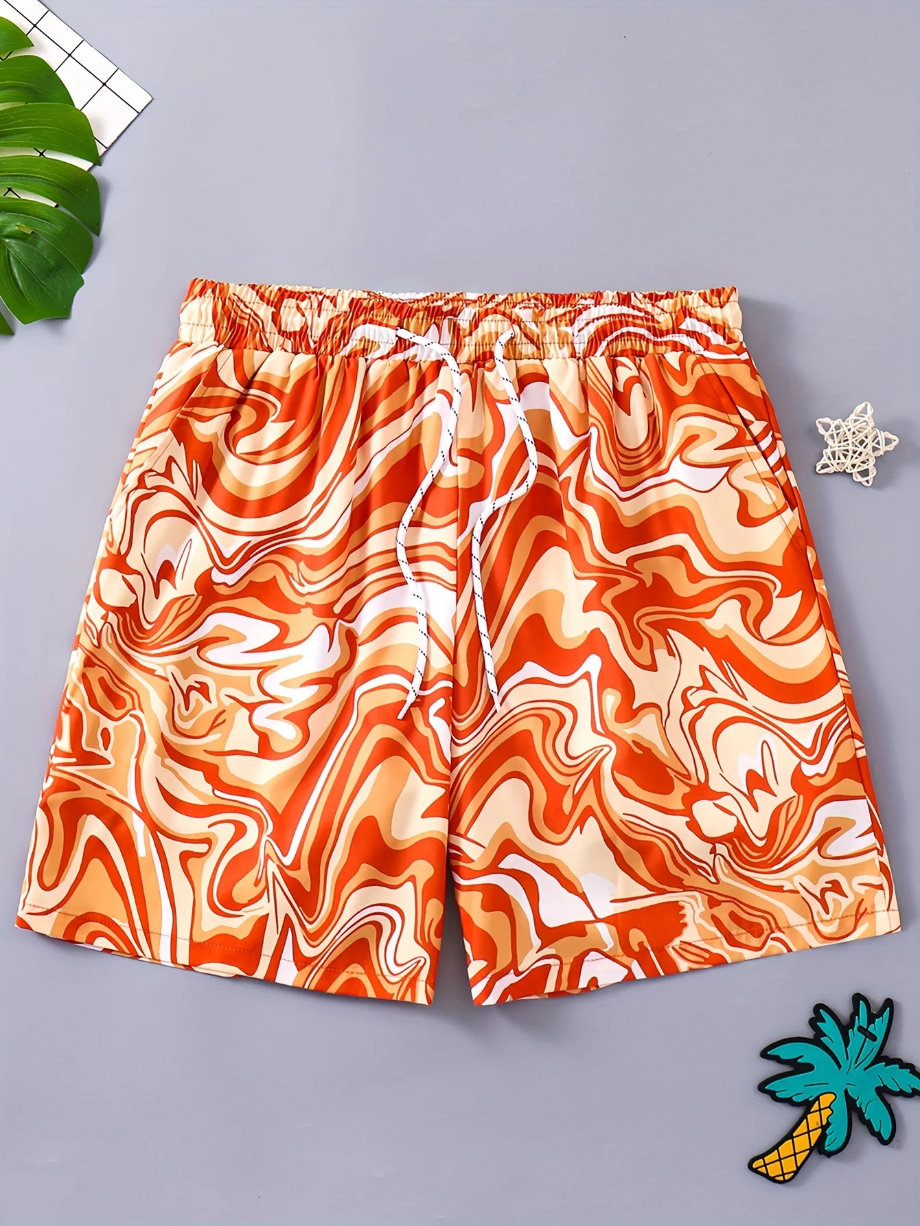 

2026 New Orange Liquid Marble Beach Shorts 3D Print, Quick Dry Swim Trunks for Men Y2K Oversized Casual Quick Drying Pants