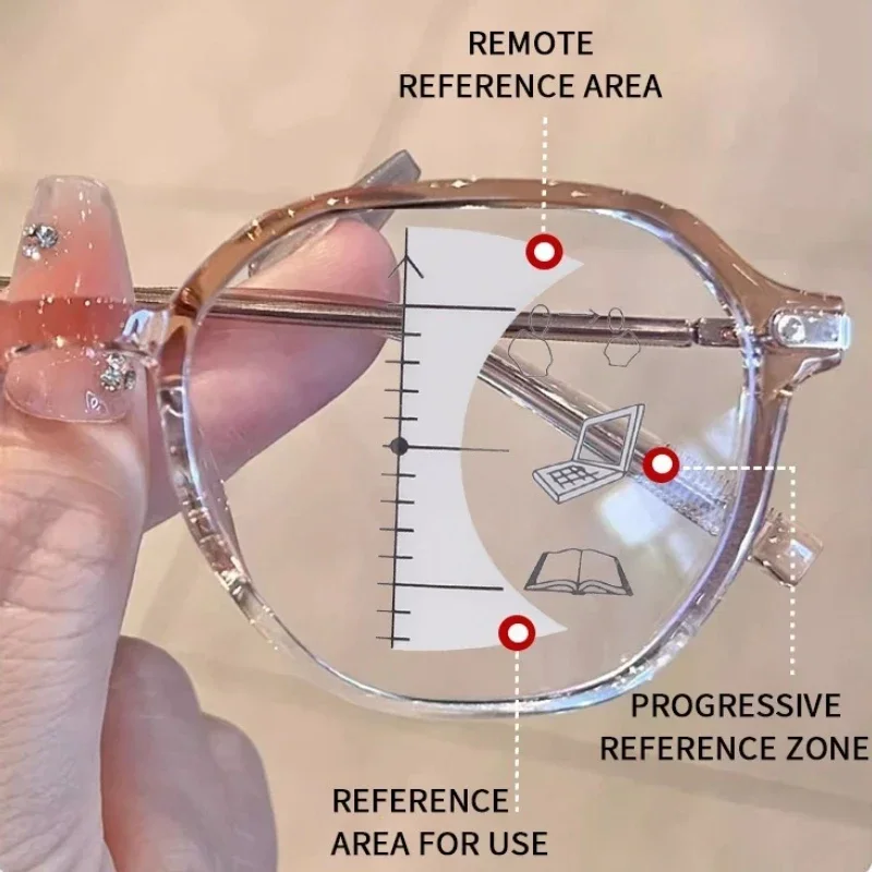 Women's Lightweight Large-frame Photochromic Multifocal Presbyopia Glasses Luxury Fashion Side Glitter Inlay Eyewear 0 To +4.0