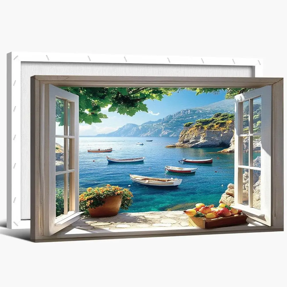 

Window Sea Scene Wall Art, Summer Beach Paintings, Sunny Beach Pictures, Florals & Beach Posters, Seaside Landscape Wall Art for