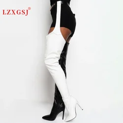 Black Size 46 Sexy Stiletto Heel Night Club Belt Buckles Over The Knee Boots Pu Leather Thigh High Boots Female