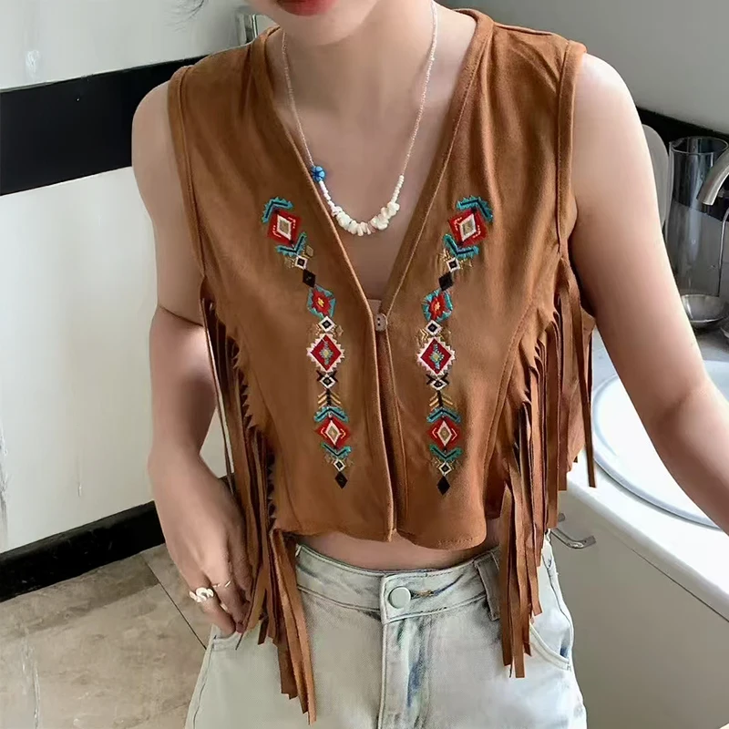 

Замшевый жилет с бахромой для женщин, жилет без рукавов из искусственной замши с гео-вышивкой, топы, летний пляжный винтажный богемный наряд