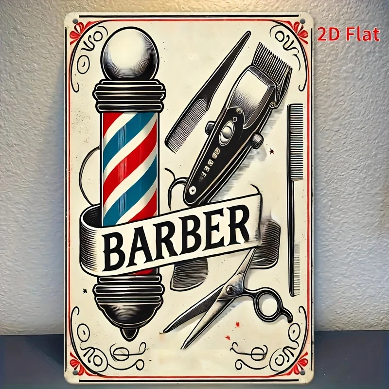 Barber Shop Tin Sign - Retro  Metal Wall Art with Scissors, Comb & Striped Pole Design - Rustic Iron Decor for Home, Garage,