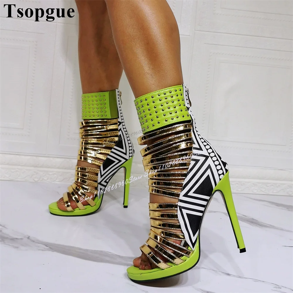 Mixed Color Roman Narrow Band Sandals Stilettos High Heel Women Shoes Back Zipper Open Toe 2024 Fashionable Zapatos Para Mujere