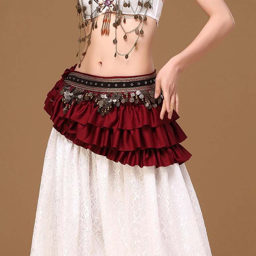 Lenço de quadril de cetim vintage para dança do ventre com moedas longas de jingling estilo tribal cinto de corrente para mulheres fantasia de show de performance