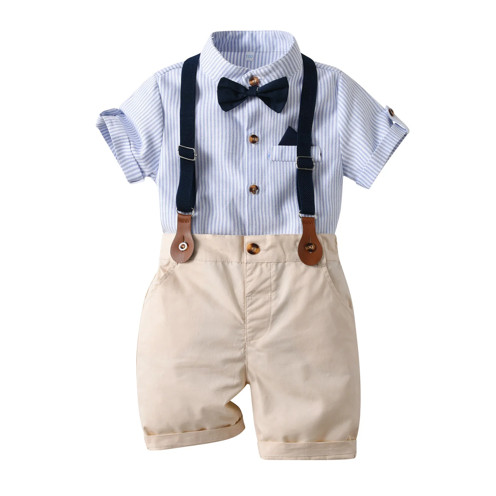 LAPA 12M-6Y Kids Gentleman Costume Baby Boys Short Sleeve Striped Bow Shirt+Overalls Shorts 2pcs Formal Dress Children\'s Outfits