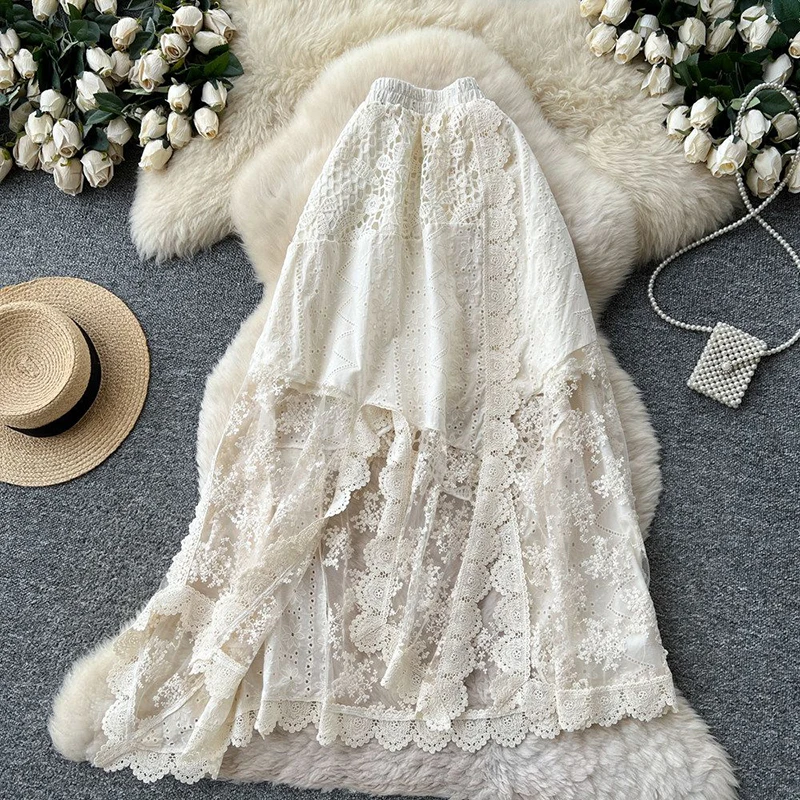 

Французская романтическая кружевная юбка А-силуэта с эластичной талией, женская юбка средней длины с высокой талией, утягивающая, с элементами пэчворка, для повседневной носки.