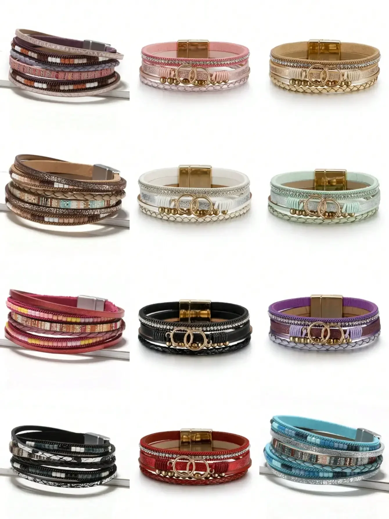 

Fashionable Multi-layer PU Leather Bracelet, Bohemian Luxury Leather Magnetic Buckle Bracelet, Holiday Gift