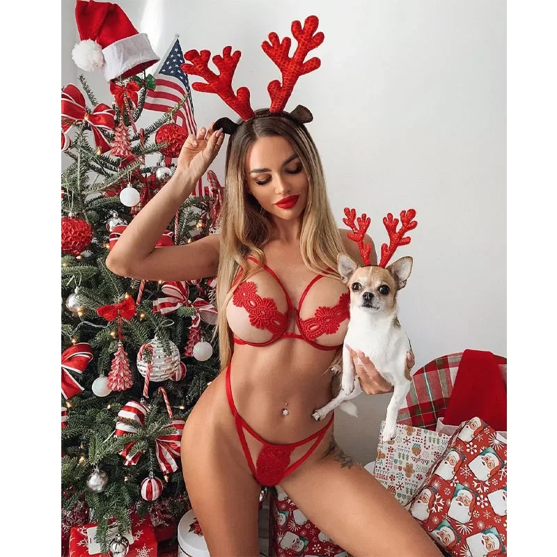 Women\'s Sexy Three-Point Lingerie Set Christmas Carnival Lingerie Sexy New Year Red Bra Thong Pajama Lace Sexy Bikini Set