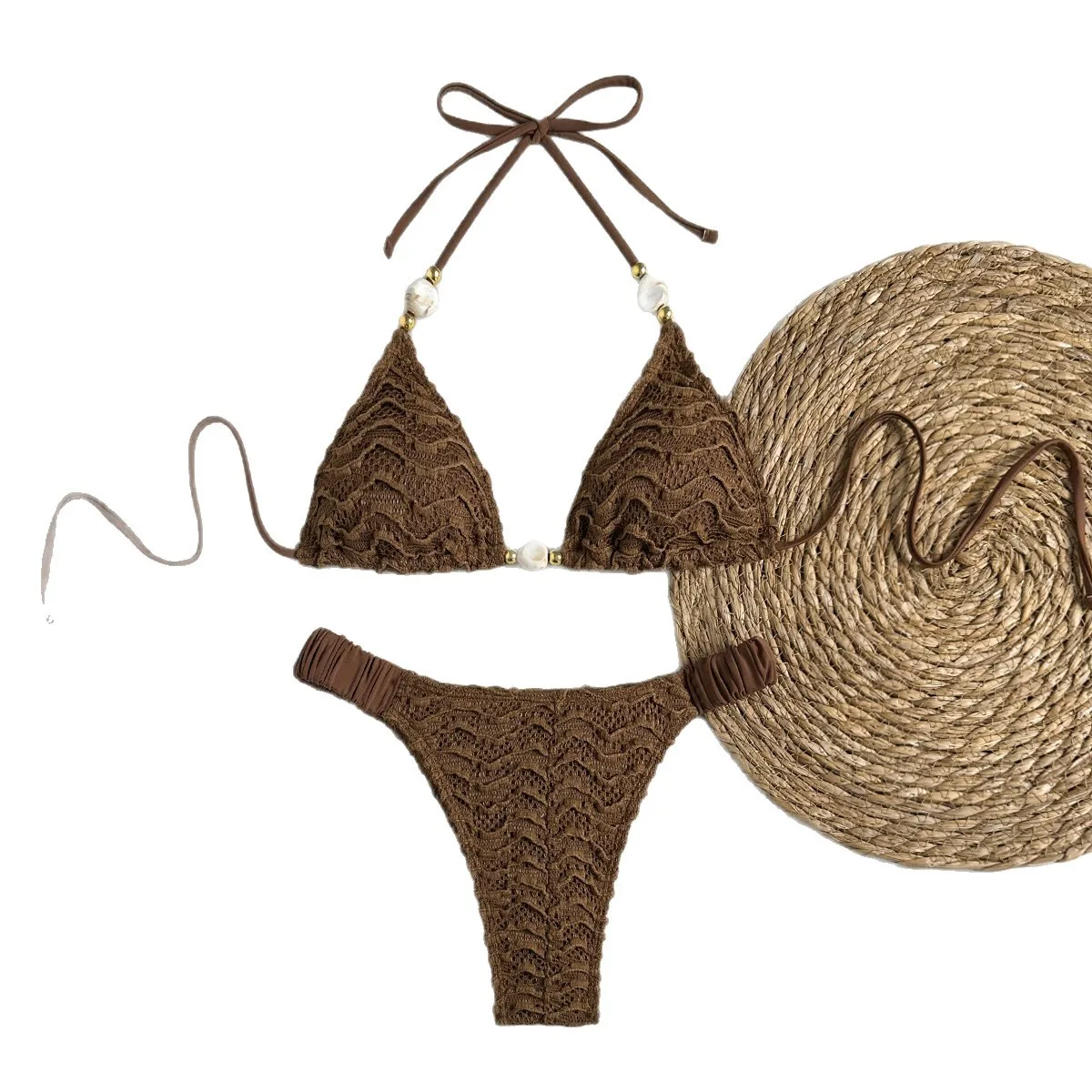 Women Textured Halter Triangle Bikini Set Shell Bead Decor 2 Piece Bathing Suit Solid Swimwear for Beach Pool Summer Vacation