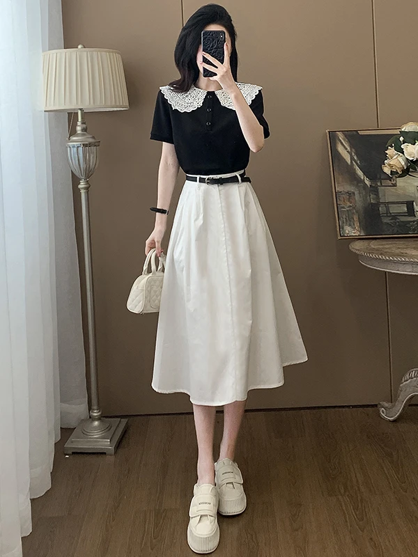 

Модный комплект из двух предметов в корейском стиле: белая юбка с коротким рукавом и воротником-стойкой, топ, женская одежда, повседневная спортивная одежда