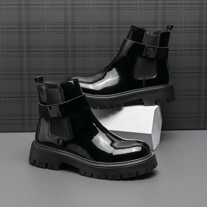 

Thick Bottom Patent Leather Fashion Boots Mid-Calf Ankle Boots Glossy Street Style Dress Leather Boots Men's Round Short Boots