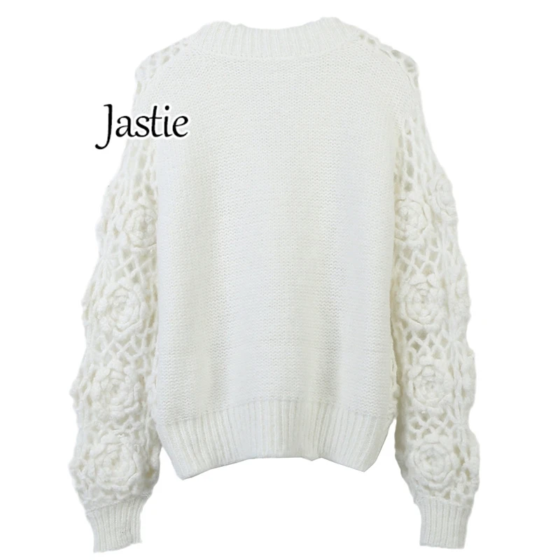 Jastie 2024 Autumn And Winter Women's Sweater V-neck Long Sleeve Three-dimensional Flower Hollow Loose Fashion Knitted Cardigan