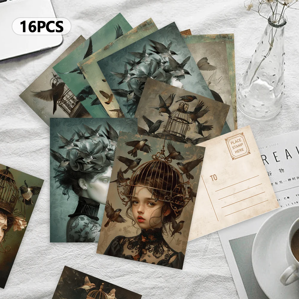 

16pcs Birdcage Headwear Postcards, New Year Gift, Christmas Gift, Living Room Decor, Bedroom Decor, High-Quality Cards